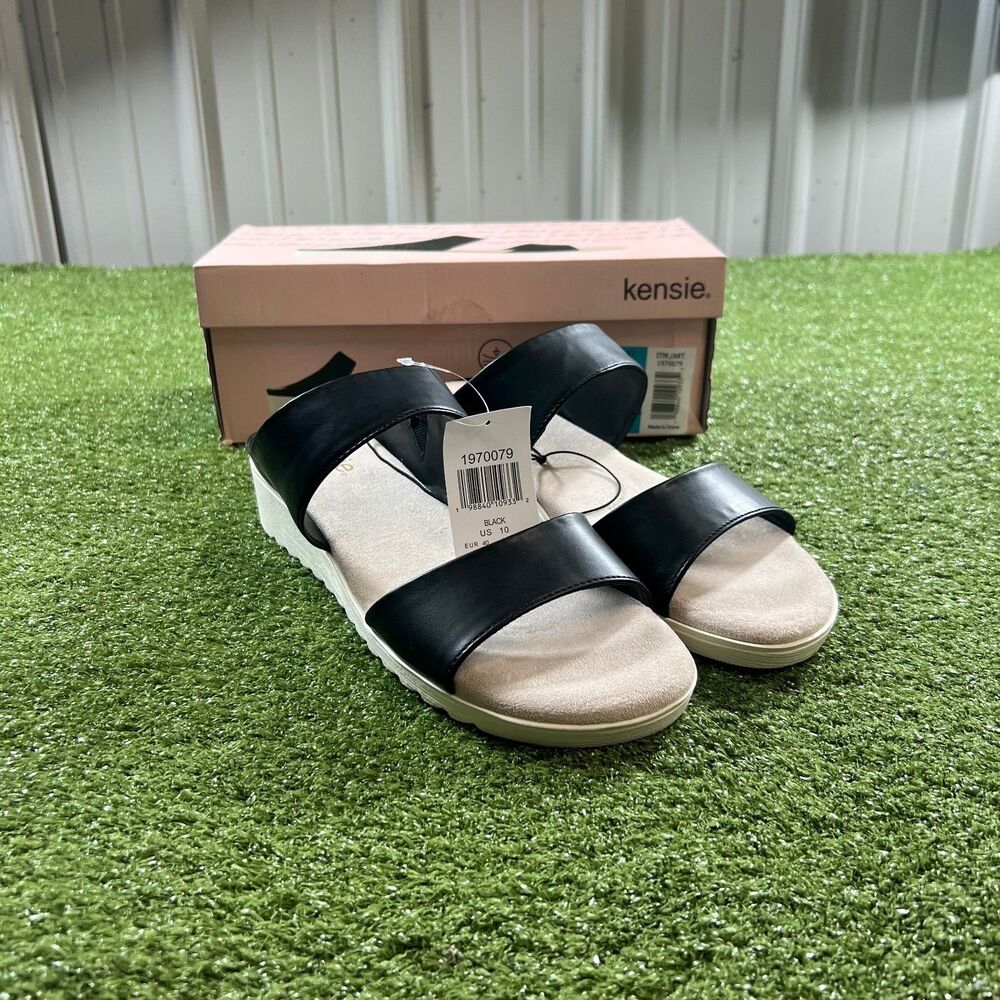 kensie Endy Comfort Women's Size 10 Black Two Strap Wedge Slide Sandals NIB